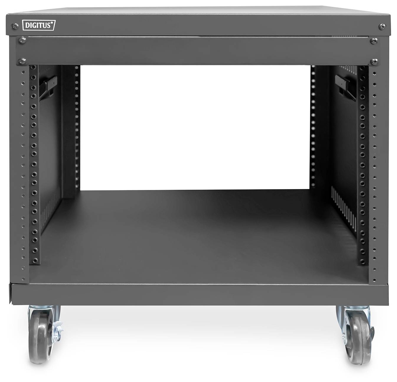Schwarzes, rollbares Rack-Gehäuse von Digitus mit offenem Zugang vorne und hinten, geeignet für die Montage von IT-Geräten.