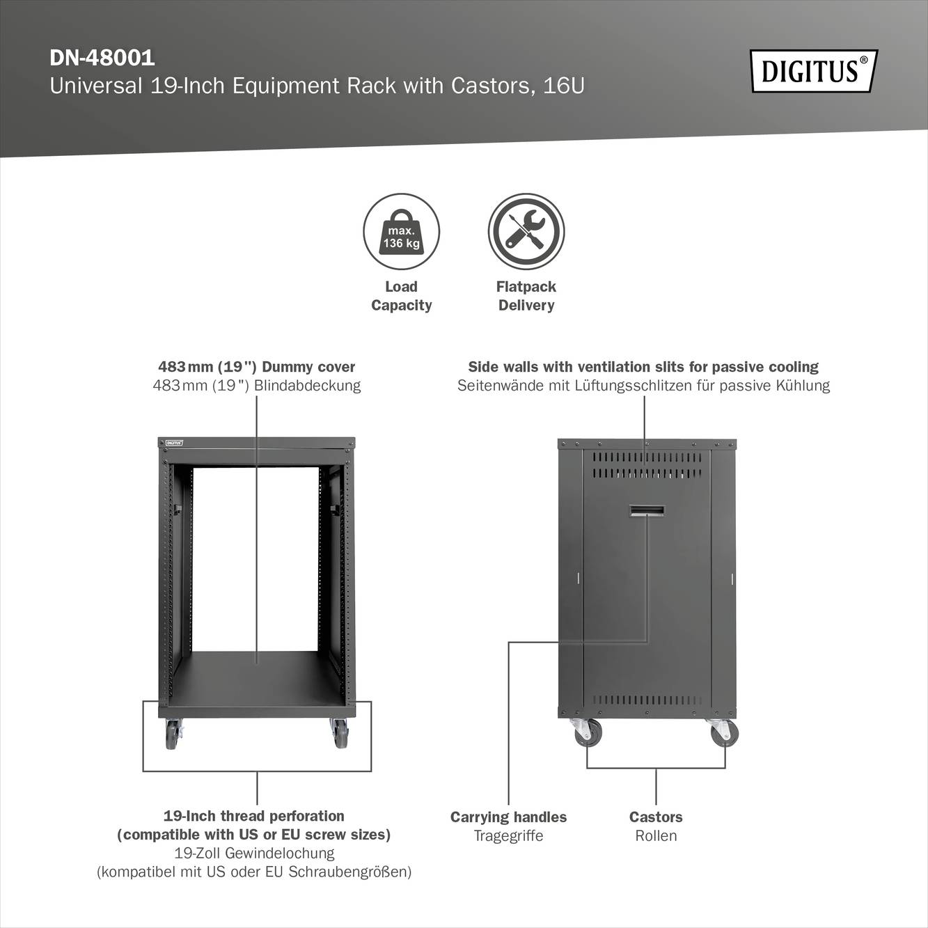 Universal 19-Zoll-Geräterack mit Rollen, 16HE. Traglast 130kg. Seitenteile mit Lüftungsöffnungen. Lieferung flach verpackt.