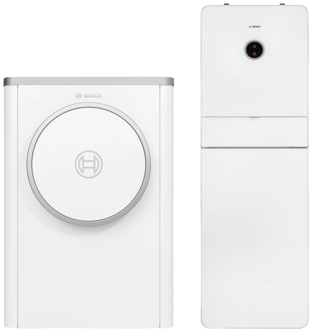 Eine weiße Heizungs- und Warmwasser-Wärmepumpe von Bosch, bestehend aus einer runden Außeneinheit und einer rechteckigen Inneneinheit.