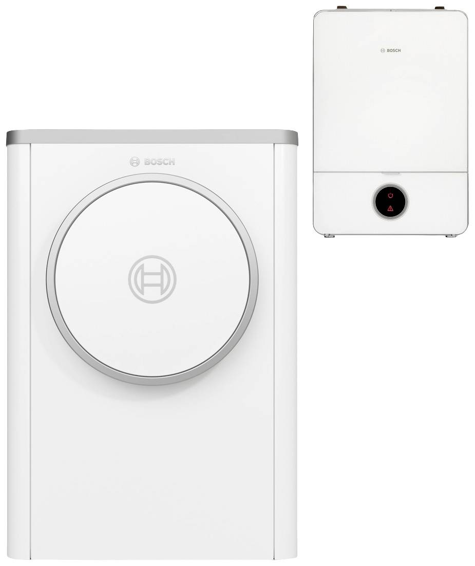 Eine weiße Bosch-Wärmepumpe und Steuerungseinheit. Modernes Design mit runden und rechteckigen Elementen, Logo sichtbar.