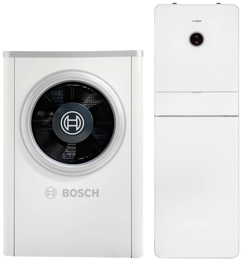 Wärmepumpensystem von Bosch, bestehend aus einer Außeneinheit mit großem Ventilator und einer kompakten Inneneinheit.