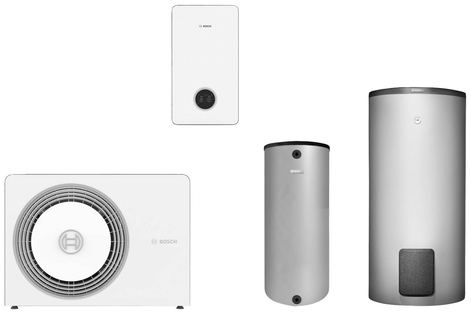 Die Abbildung zeigt ein Bosch-Heizsystem mit Wärmepumpe, Steuergerät und zwei Warmwasserspeichern. Ideal für moderne Heizlösungen.