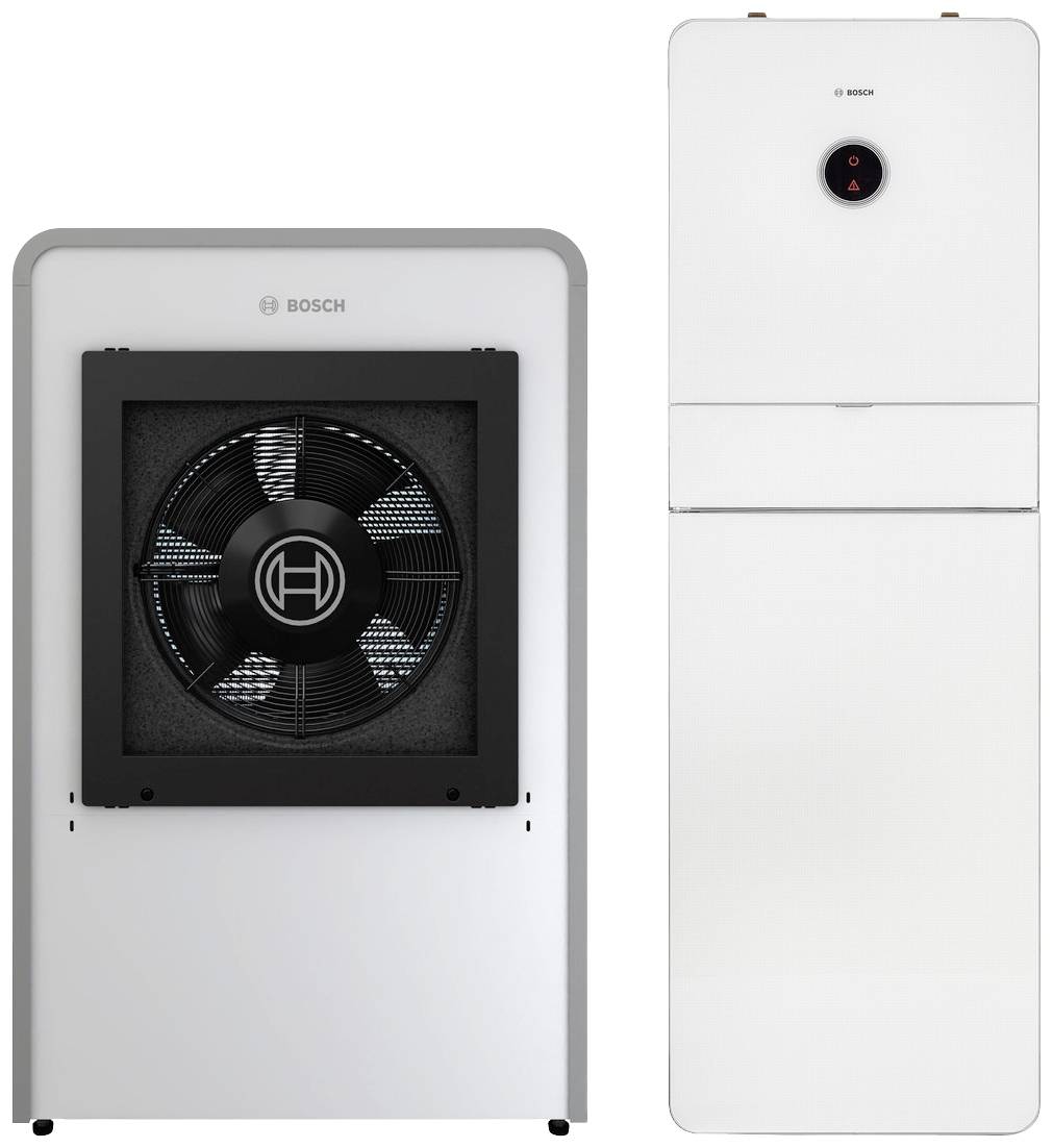 Außeneinheit und Innengerät einer Bosch Wärmepumpe in Weiß. Links ein Ventilator, rechts ein schlankes Steuergerät mit Display.