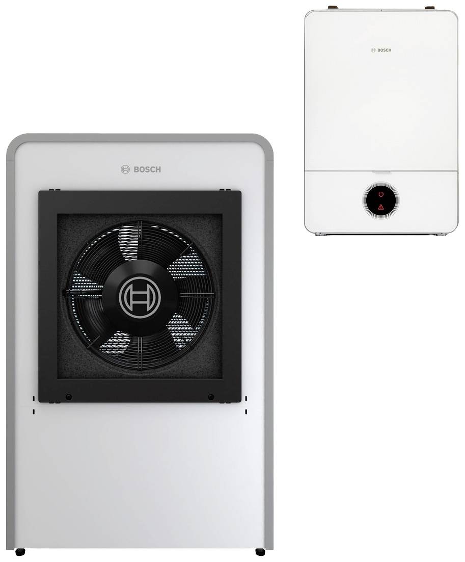 Wärmepumpe und elektrisches Steuergerät von Bosch. Die Wärmepumpe hat ein großes Lüftergitter, das Steuergerät ist kleiner und rechteckig.