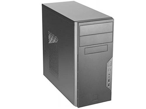 Schwarzes Computergehäuse mit Frontanschlüssen und Lüftungsgittern an der Seite, geeignet für den Zusammenbau eines Desktop-PCs.