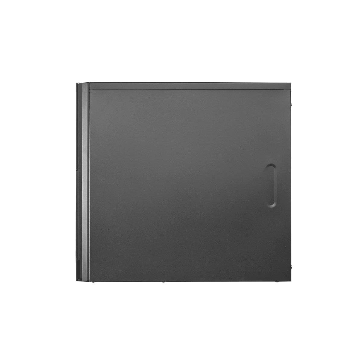 Ein schwarzes, quadratisches Metallgehäuse mit einer Tür rechts und einer glatten Oberfläche.