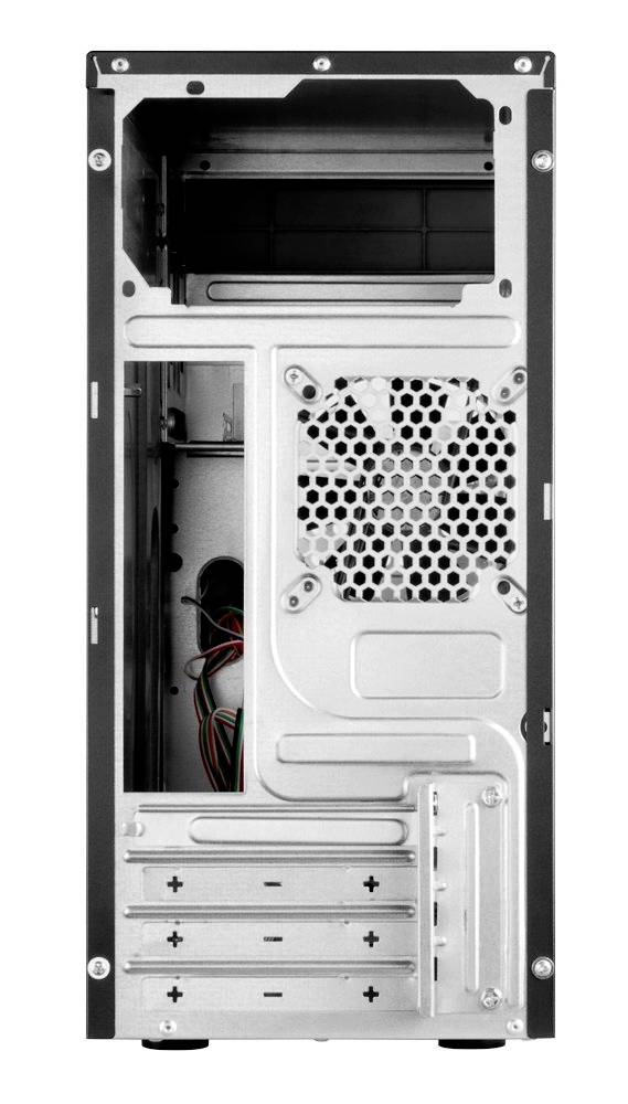 Rückansicht eines Computergehäuses mit Lüfter, Lüftungsgitter und mehreren Erweiterungsslots, keine installierten Komponenten sichtbar.