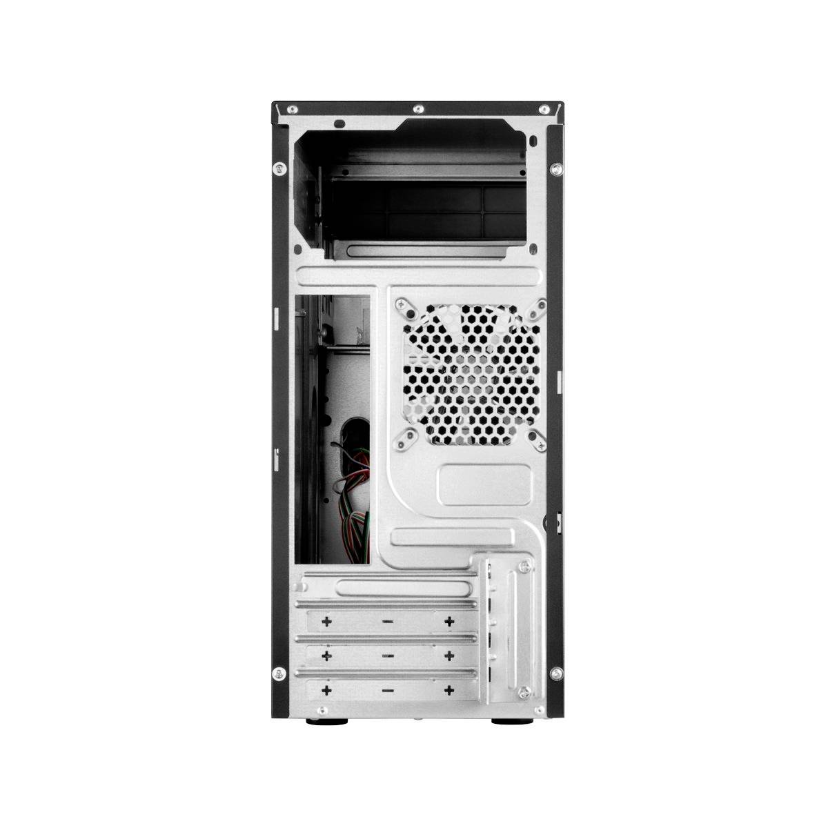 Metallgehäuse eines Computergehäuses in Schwarz und Silber. Die Rückseite zeigt Lüftungsschlitze und Anschlussmöglichkeiten.