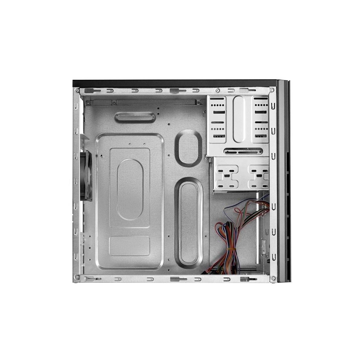 Offenes PC-Gehäuse mit sichtbaren Einbauschächten und Kabeln, bereit zur Installation von Komponenten.