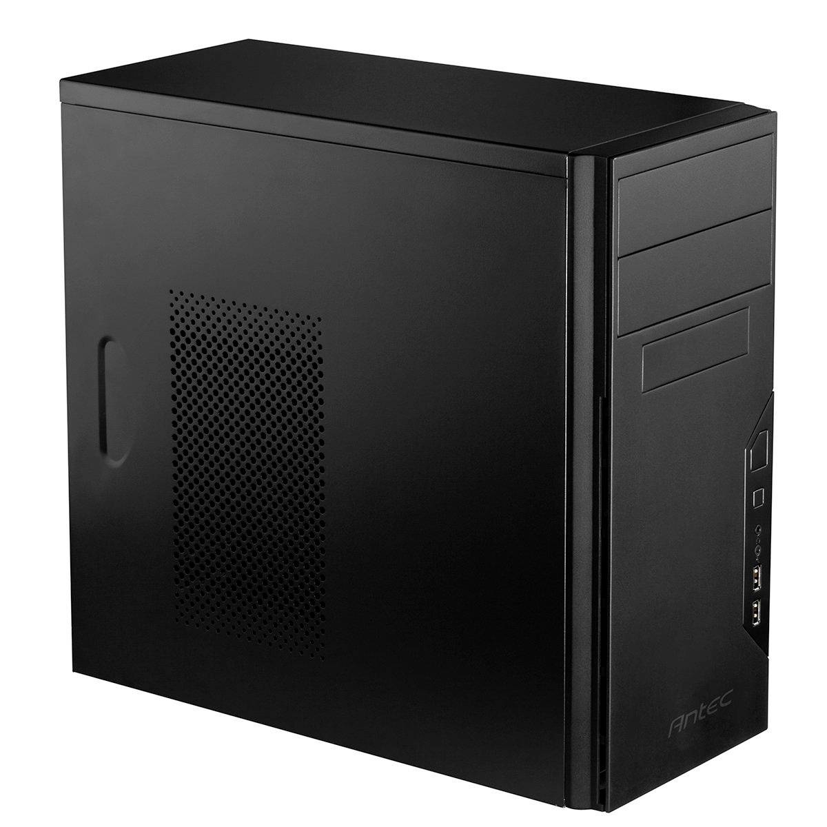 Schwarzes Computergehäuse mit Lüftungsschlitzen auf der linken Seite. Vorderseite mit zwei USB-Ports und einem Einschaltknopf.