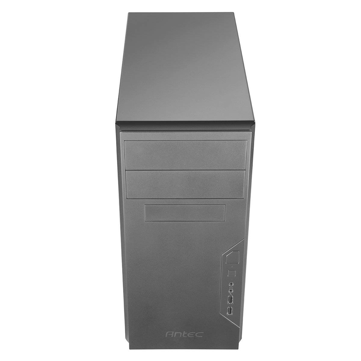 Ein graues Computergehäuse mit zwei Laufwerksschächten und mehreren Anschlussmöglichkeiten an der Vorderseite, stehend aufrecht.
