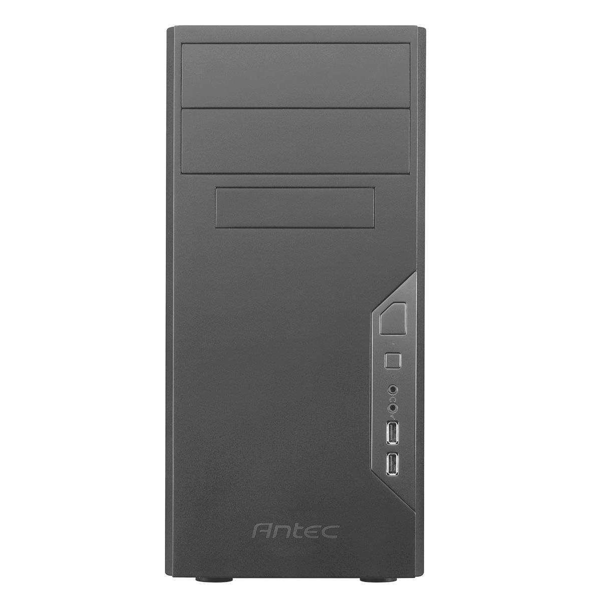 Ein schwarzes Computergehäuse mit zwei Laufwerksschächten oben und mehreren Anschlüssen, darunter USB- und Audioanschlüsse, an der Vorderseite.