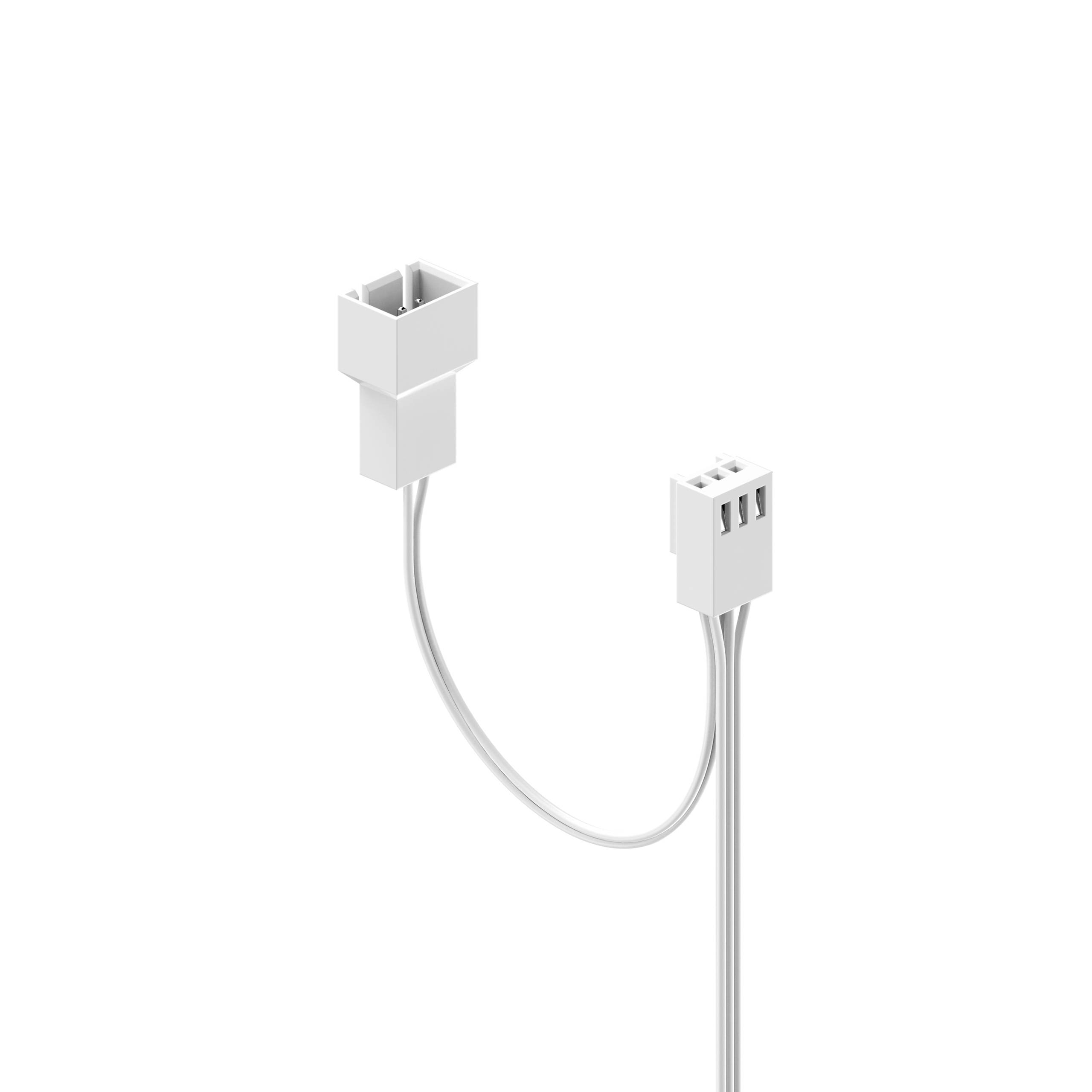 Zwei weiße Steckverbinder an einem Kabel, einer mit drei Pins, der andere mit einem rechteckigen Anschluss.