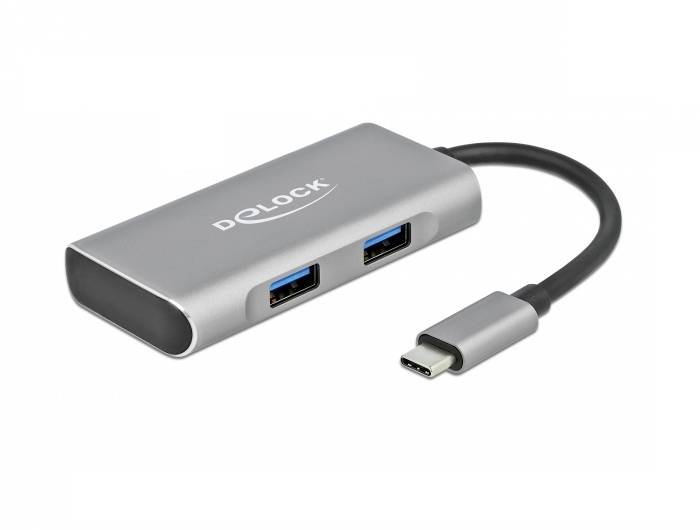 USB-C-Hub mit zwei USB-A-Anschlüssen und einem kurzen Kabel. Silbernes Gehäuse, Markenname 'DeLOCK' auf der Oberseite.