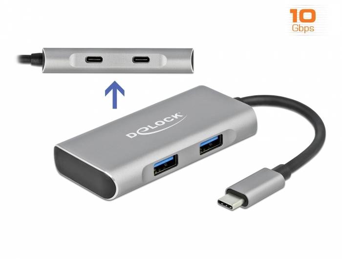 DeLOCK USB-C-Hub mit zwei USB 3.0-Anschlüssen und zwei USB-C-Anschlüssen. Beschriftung oben: 10 Gbps.