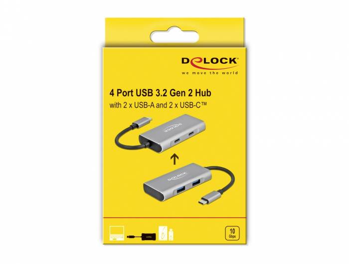 Verpackung eines 4-Port-USB 3.2 Gen 2 Hubs mit 2 USB-A- und 2 USB-C-Anschlüssen, Marke Delock, gelber Hintergrund.