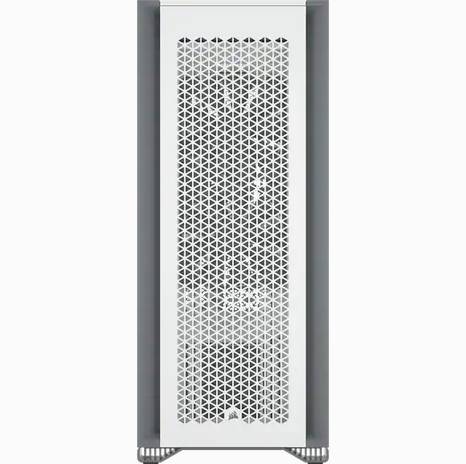 Ein vertikaler, rechteckiger Luftreiniger mit einem weißen, gitterförmigen Frontpanel steht auf dem Boden.
