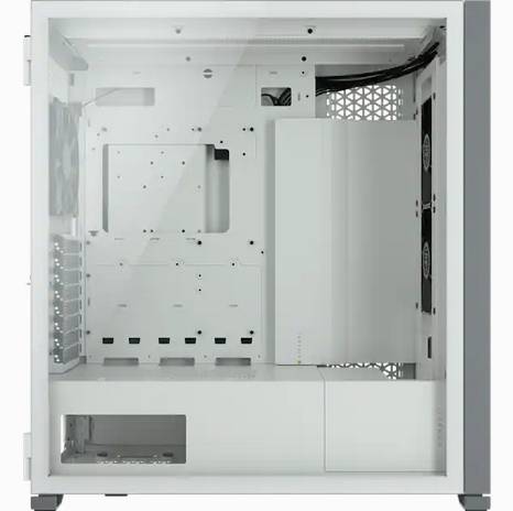 Ein leeres, weißes PC-Gehäuse mit schlankem Design und seitlichem Sichtfenster. Innerer Aufbau bietet Platz für Hardwarekomponenten.