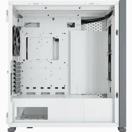 Ein leerer, weißer Computergehäuse-Tower von der Seite, ohne installierte Komponenten. Innen sichtbar sind Lüfter- und Kabelplätze.