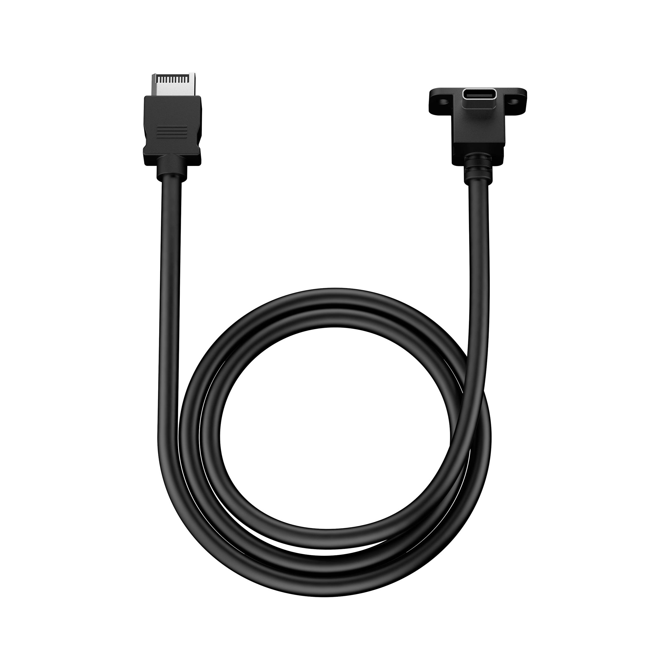 Ein schwarzes USB-Kabel mit einem rechteckigen Stecker am einen Ende und einem 90-Grad-Winkelstecker am anderen.