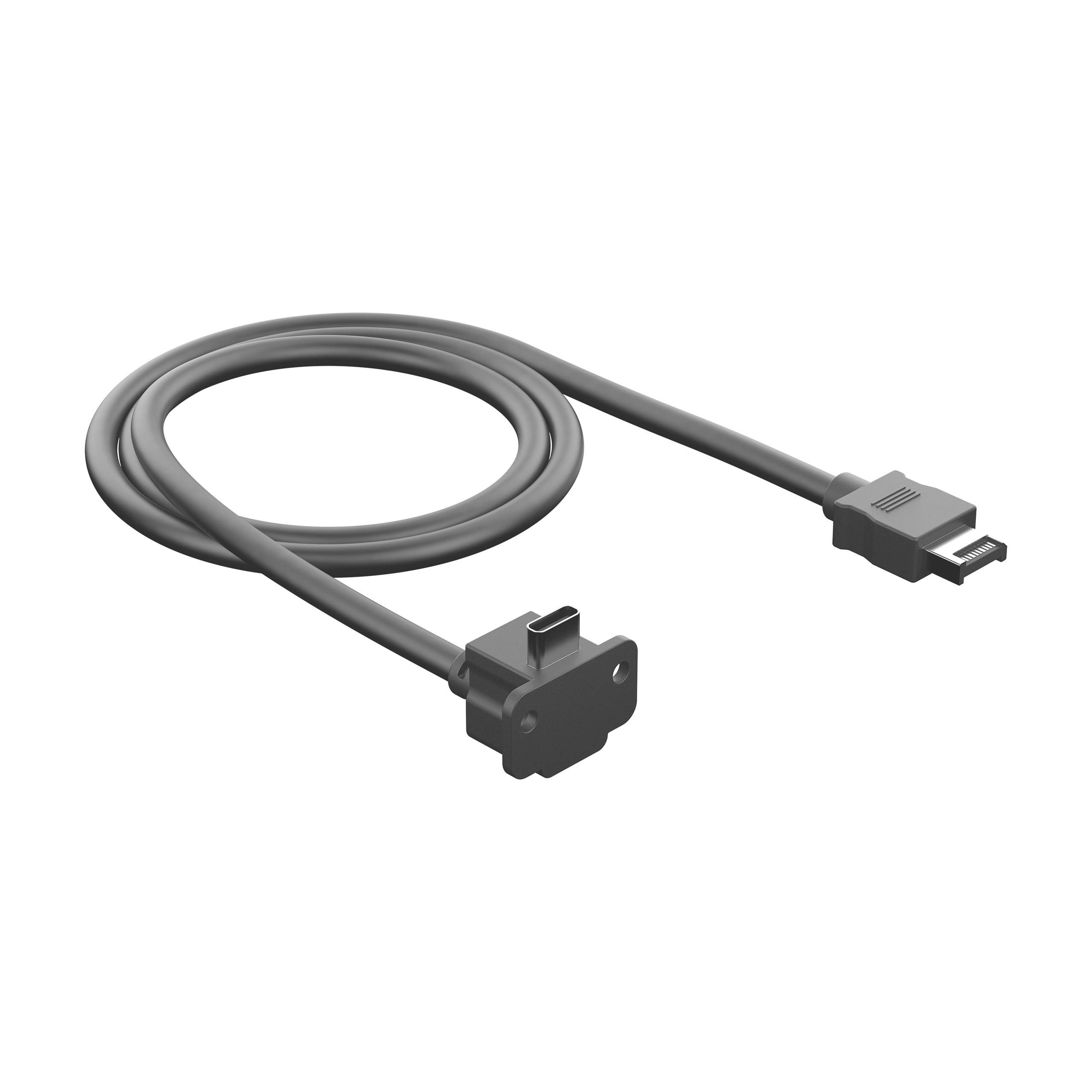Ein graues USB-Kabel mit einem Stecker und einem Dock-Anschluss, geeignet zum Anschließen von Geräten, isoliert vor weißem Hintergrund.
