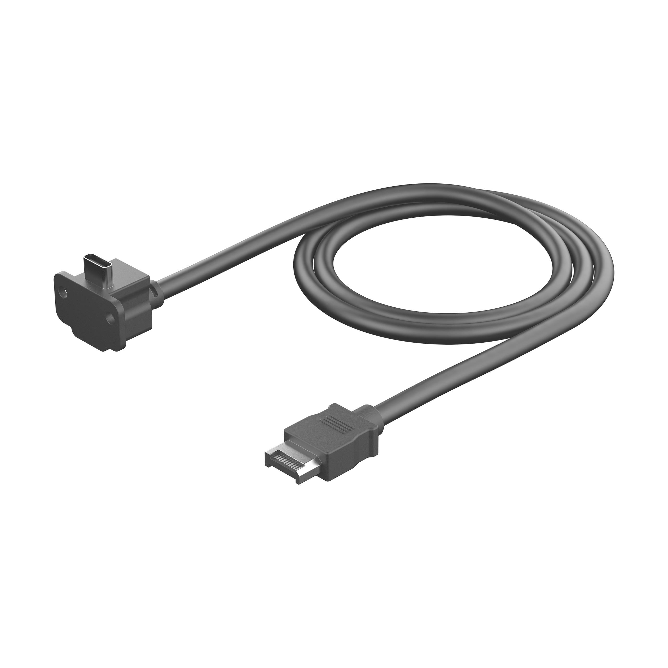 Ein schwarzes Kabel mit USB-Anschluss auf einer Seite und einem speziellen Stecker auf der anderen Seite, liegt locker aufgerollt.