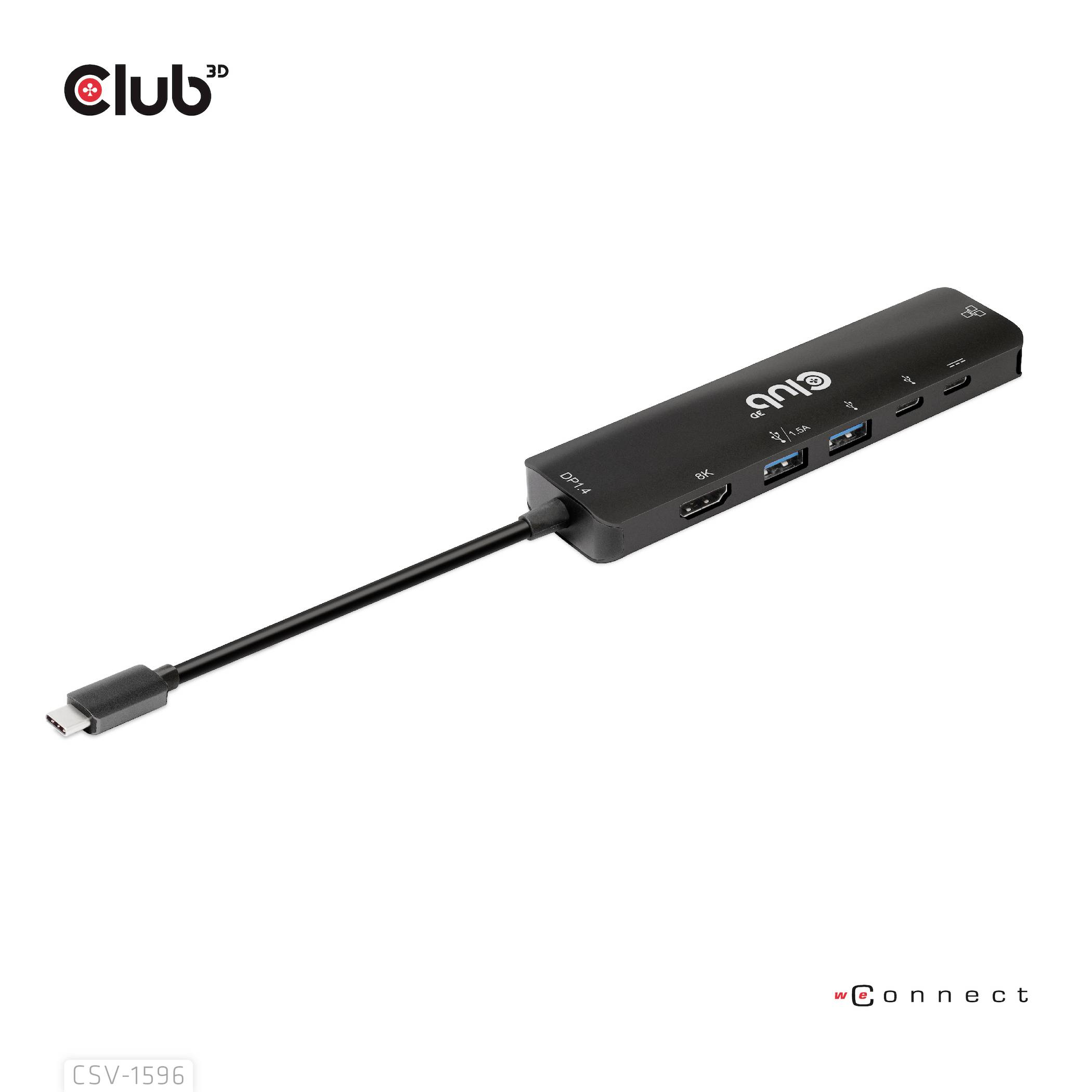 Schwarzer USB-C Multiport Adapter mit mehreren Anschlüssen, darunter HDMI, USB-A und USB-C. Firmenlogo Club 3D oben links.