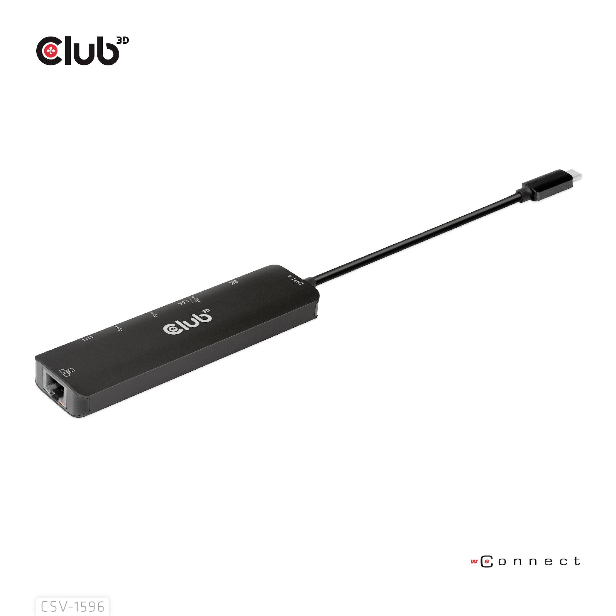 Ein schwarzer Adapter der Marke 'Club 3D', mit USB-C auf Ethernet-Anschluss, geeignet für Netzwerkanbindung an kompatible Geräte.