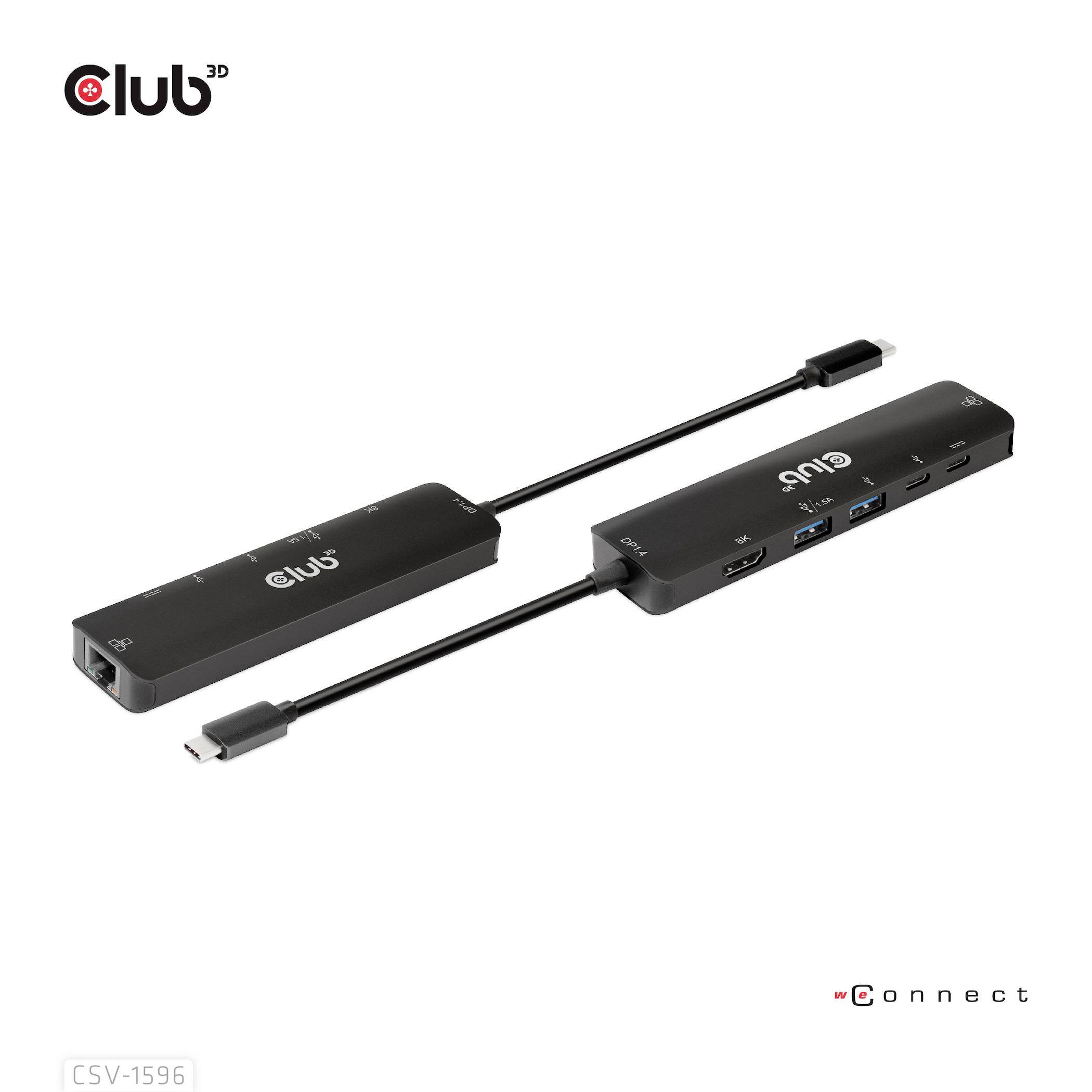 Zwei schwarze USB-C-Hubs mit Club 3D-Logo. Der obere zeigt die Oberseite, der untere die Anschlüsse: HDMI, USB-Anschlüsse und Ethernet.