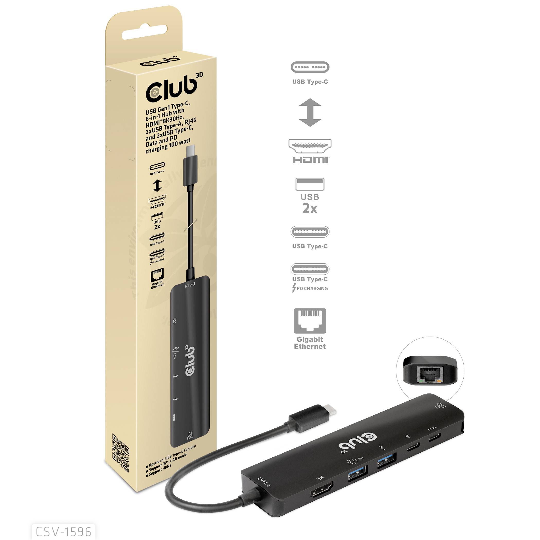 USB-C-Hub mit HDMI, Ethernet und mehreren USB-Anschlüssen. Auf Verpackung als vielseitiges Zubehör für Laptops präsentiert.