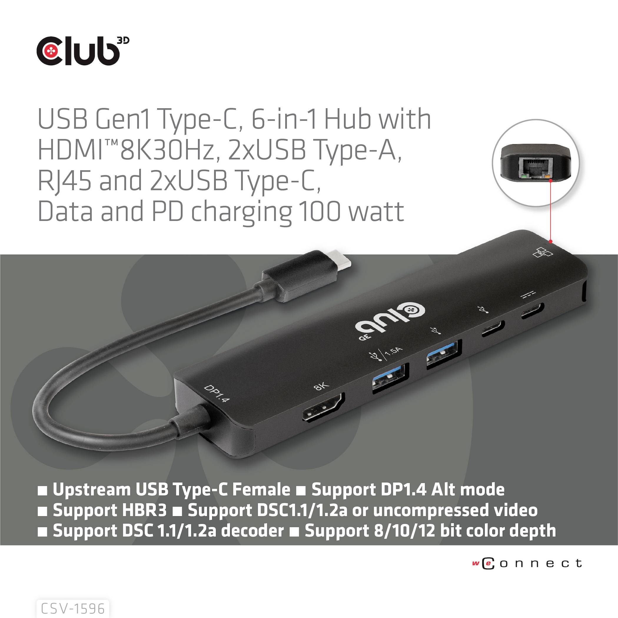 USB Gen1 Type-C, 6-in-1 Hub mit HDMI, 2xUSB Type-A, RJ45, 2xUSB Type-C, Daten- und PD-Ladung, 100 Watt. Unterstützt 8K30Hz, DP1.4.