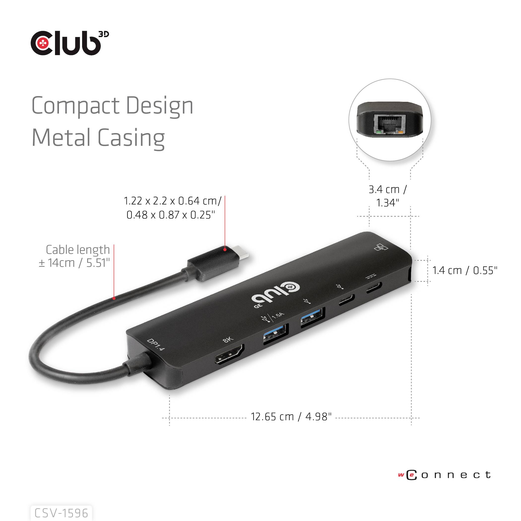 'Kompaktes Design, Metallgehäuse.' USB-Hub mit mehreren Anschlüssen und Abmessungen. Kabel: 14 cm Länge. Enthält HDMI, USB-C, USB-A Ports.