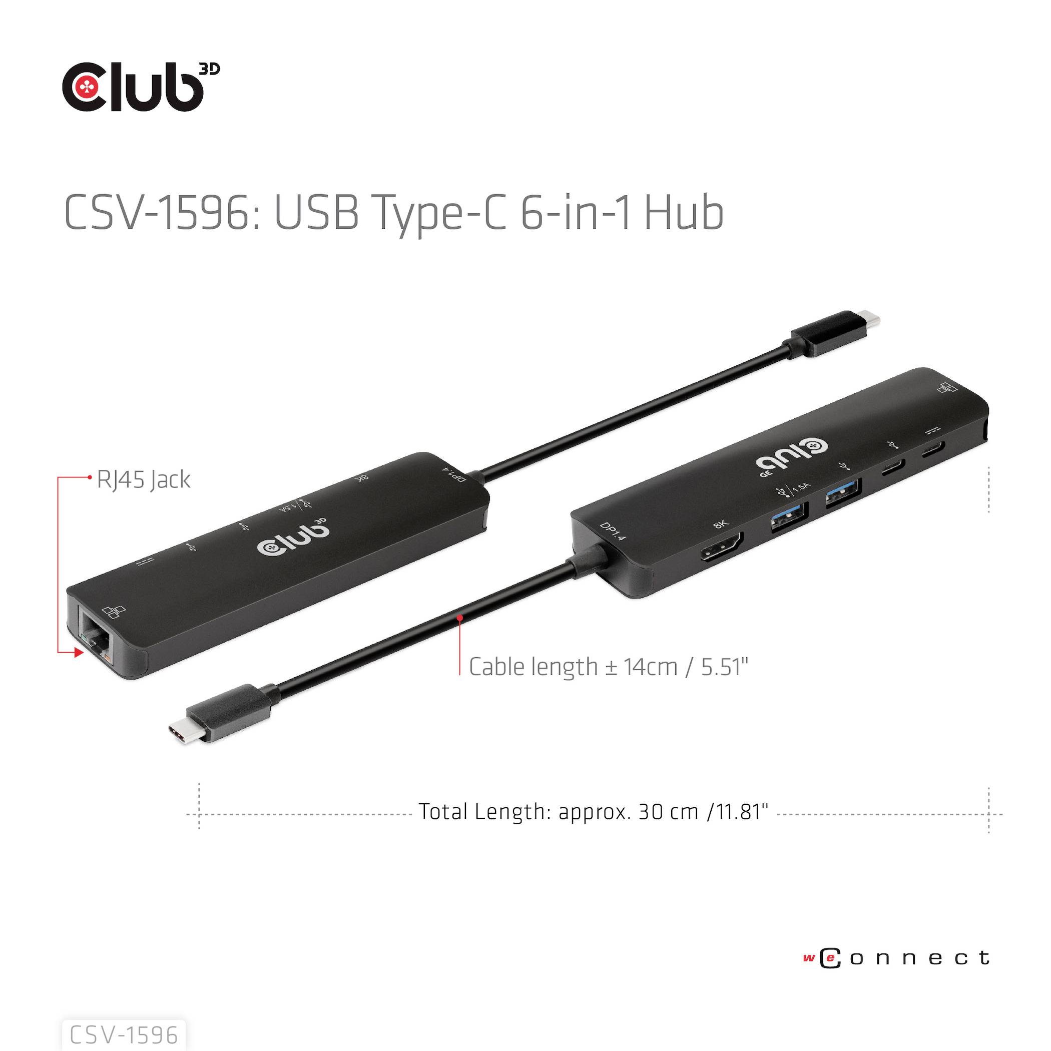 Ein USB Type-C 6-in-1 Hub mit Ethernet-Anschluss, verschiedenen USB-Ports und einer Gesamtlänge von ca. 30 cm (11,81 Zoll).
