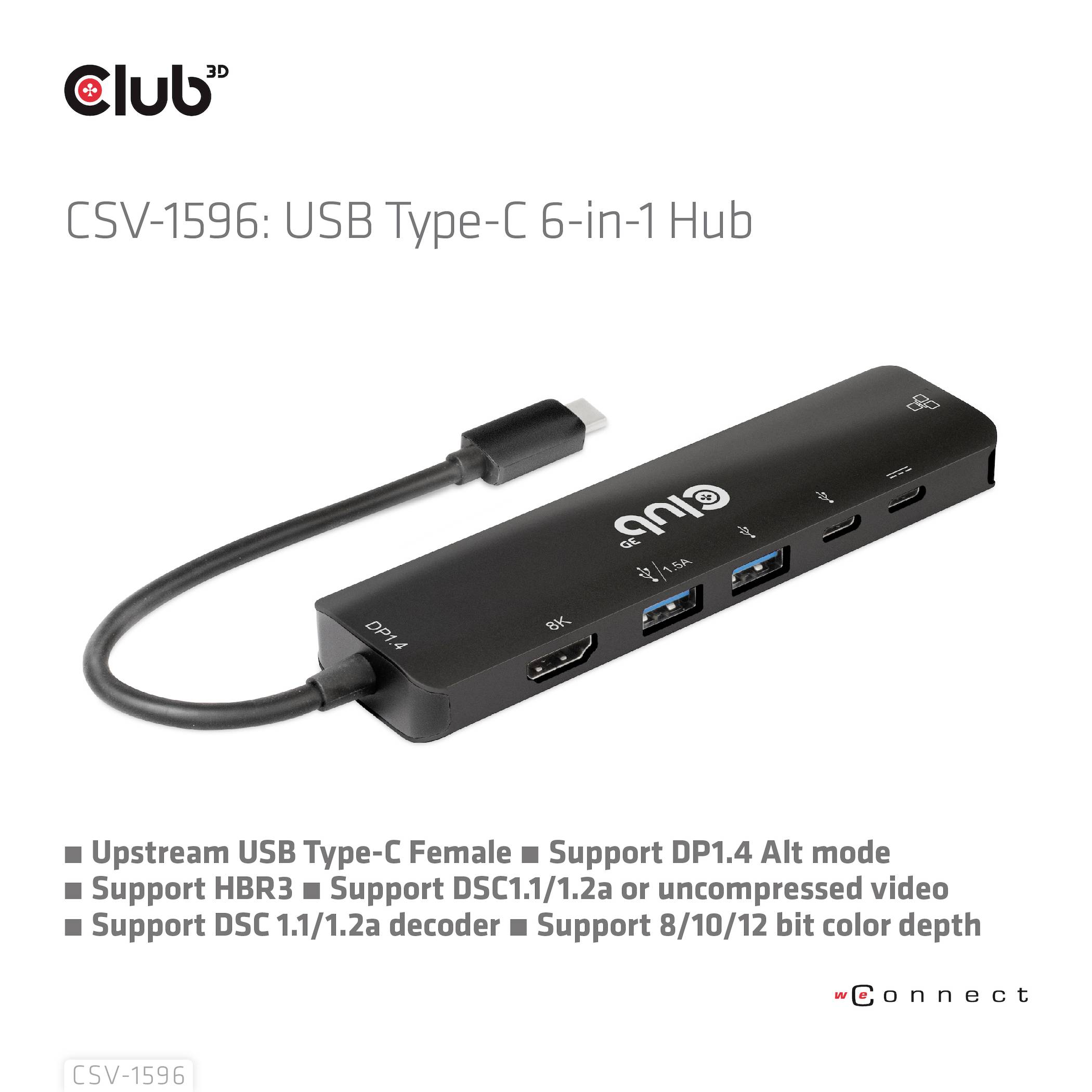 USB Type-C 6-in-1 Hub von Club3D mit Anschlüssen für HDMI, USB 3.1, USB-C und SD-Karten. Unterstützt HBR3 und DP1.4 Alt-Mode.