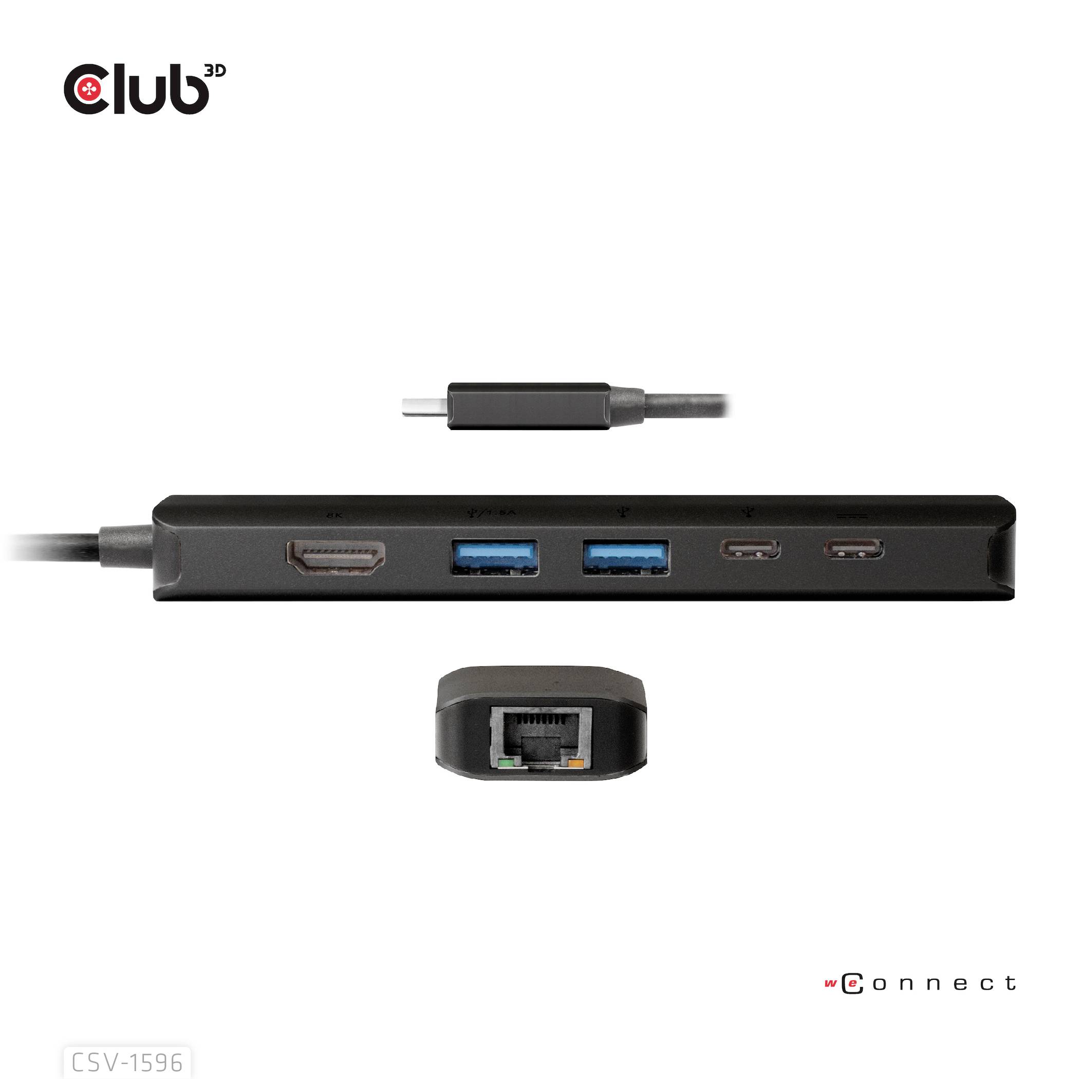 Der USB-C-Adapter zeigt Anschlüsse: HDMI, zwei USB 3.0, USB-C und Ethernet. Perfekt für erweiterte Konnektivität an Geräten.