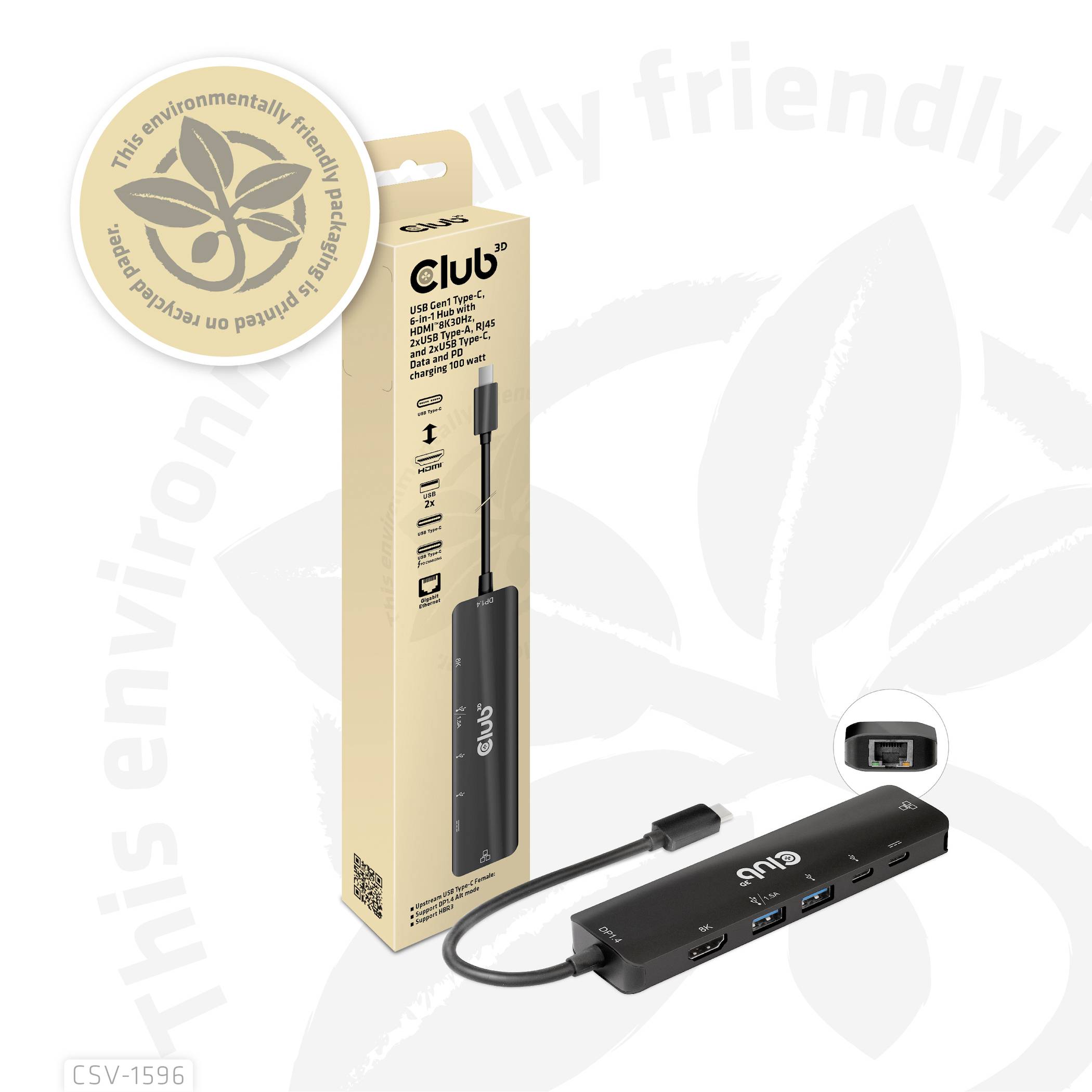'Club USB Type-C Hub' Verpackung und Produkt. Mehrere Anschlüsse und Adapter, um Geräte zu verbinden. Text betont umweltfreundliche Herstellung.