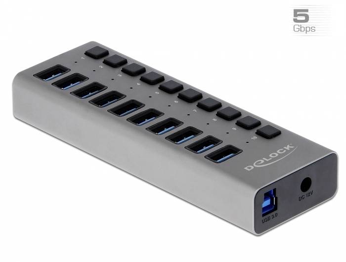 Ein USB 3.0 Hub mit 13 Anschlüssen und 5 Gbps Geschwindigkeit von Delock. Zeigt einen DC 12V Anschluss und eine blaue USB-Buchse.