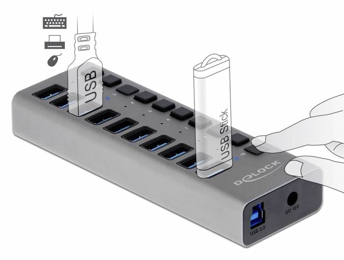 Delock 63670 10 Port USB-C® (USB 3.2 Gen 2) Multiport Hub Grau