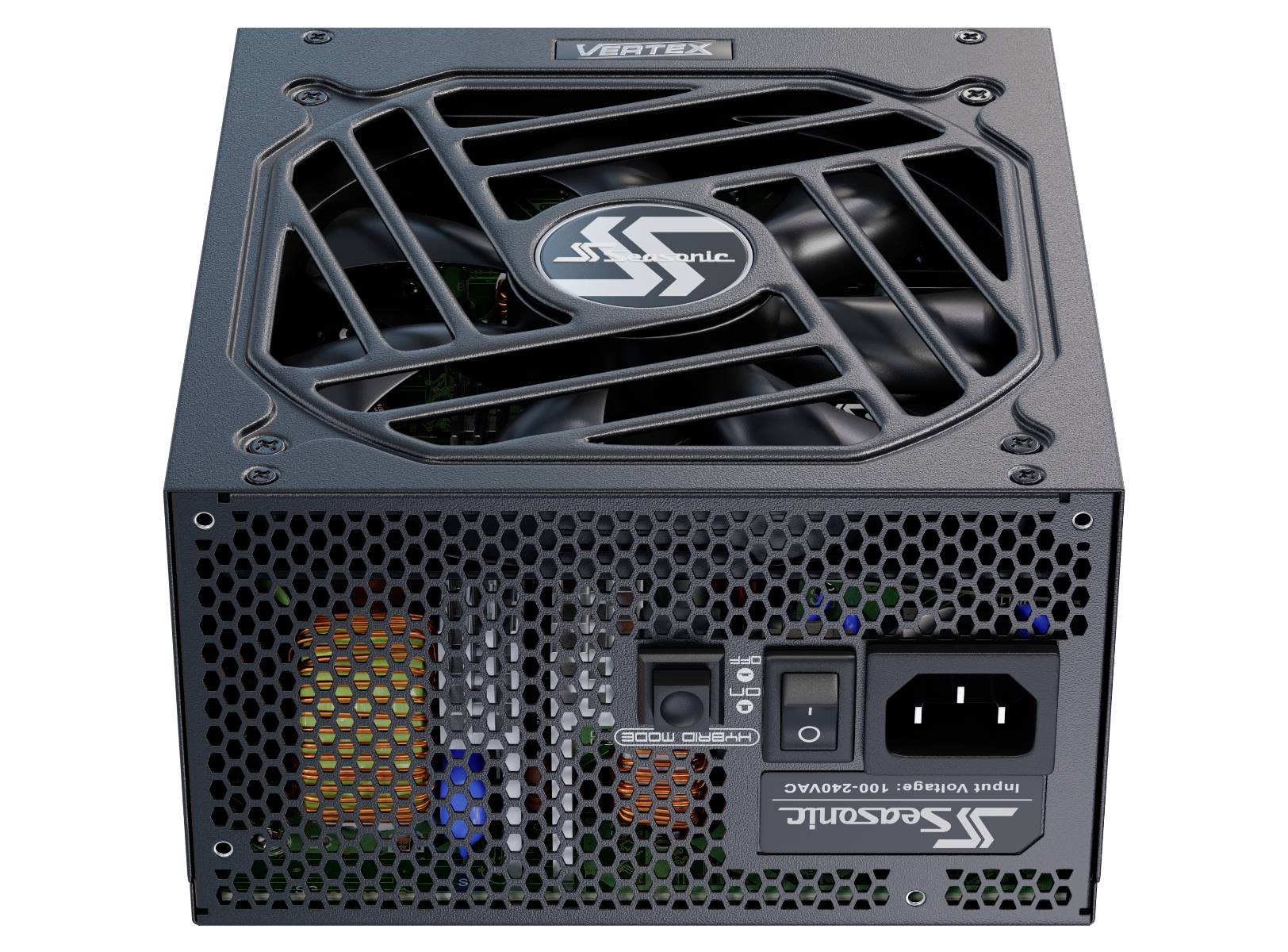 Ein schwarzes PC-Netzteil mit Lüftergitter und mehreren Anschlüssen. Oberseite zeigt 'Vertex'-Logo, Vorderseite hat Markenname.