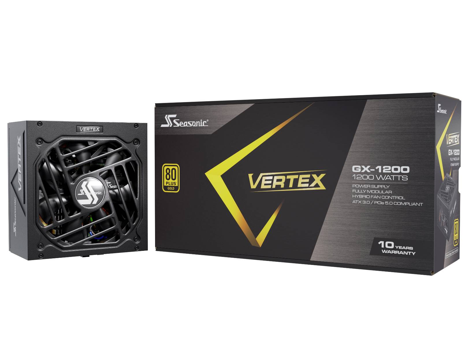 Netzteil Seasonic Vertex GX-1200, 1200 Watt, 80 Plus Gold Zertifizierung, 10 Jahre Garantie. Abbildung zeigt Netzteil und Verpackung.