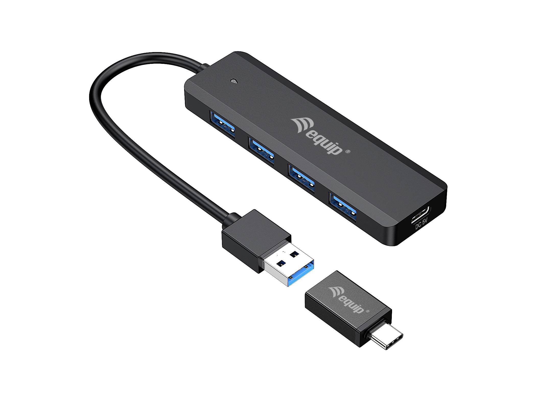 USB-Hub mit vier Anschlüssen und integriertem Kabel, bietet USB-Typ-A und Typ-C Verbindungsmöglichkeiten, schwarz.