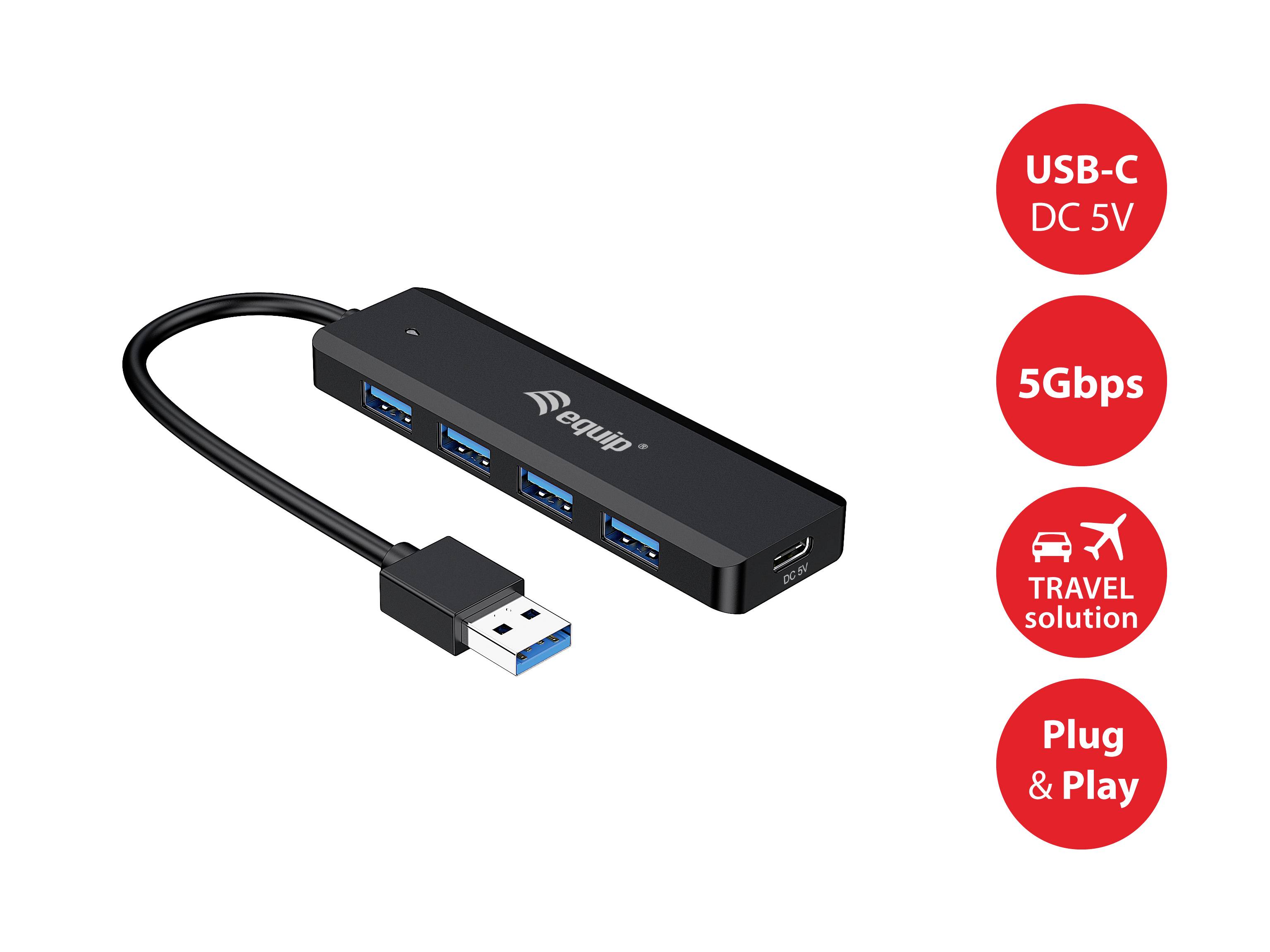 USB-Hub mit vier blauen USB-Anschlüssen, schwarzes Design. Text auf rotem Hintergrund: USB-C DC 5V, 5Gbps, TRAVEL solution, Plug & Play.