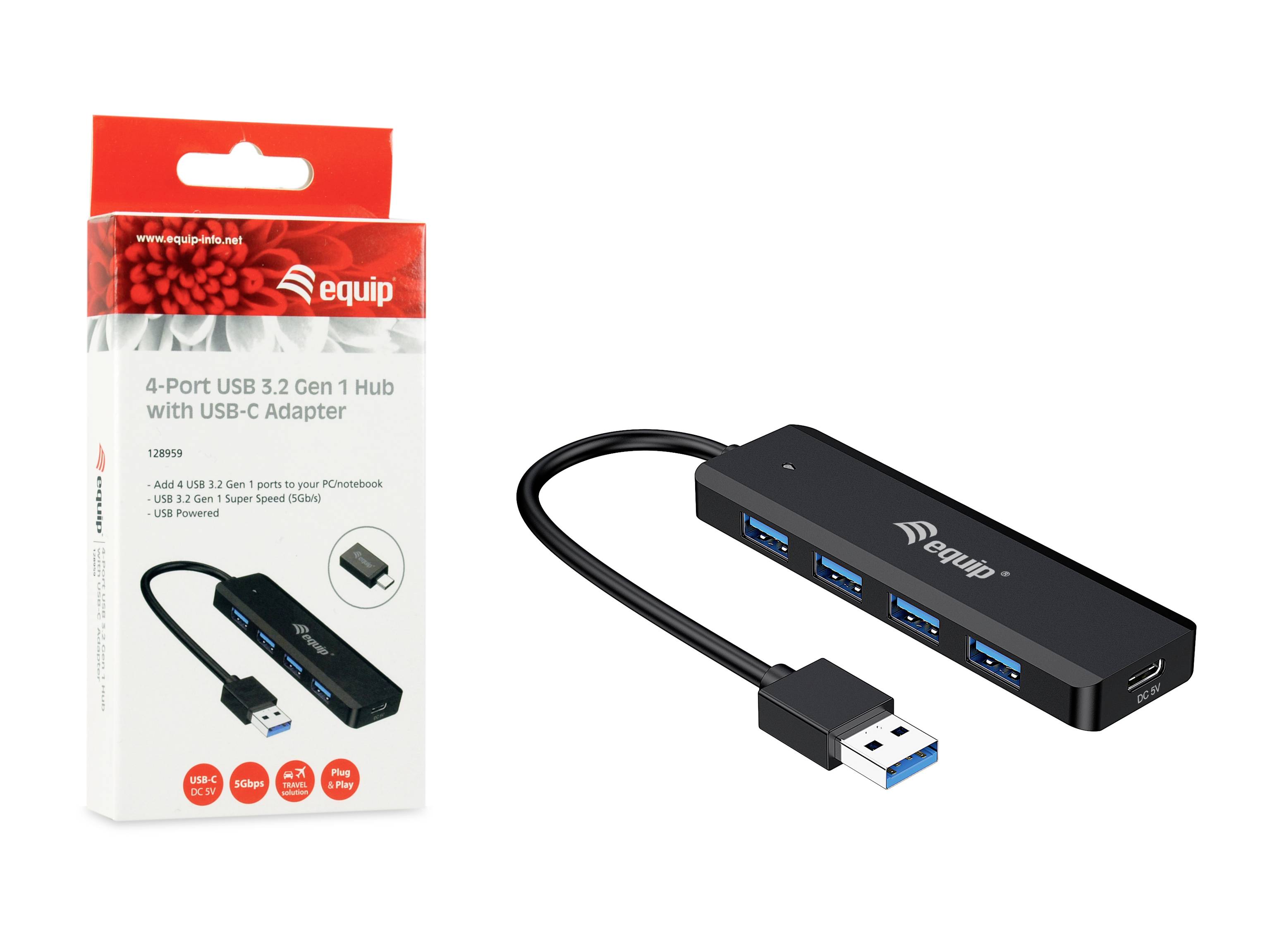 '4-Port USB 3.2 Gen 1 Hub' in schwarzem Design, Verpackung links, Hub rechts, mit USB-Kabel und mehreren USB-Anschlüssen sichtbar.