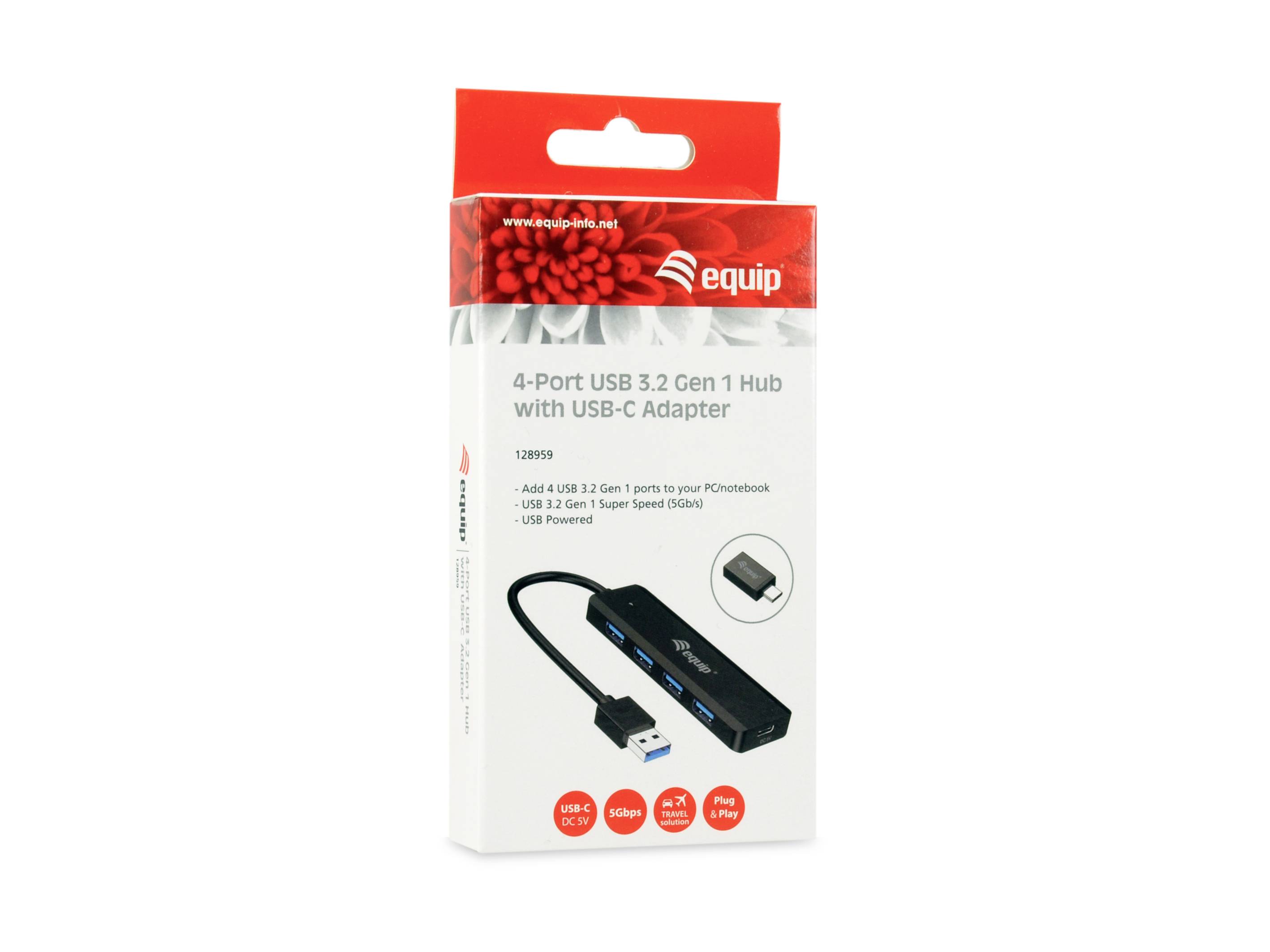 Eine Schachtel mit einem 4-Port USB 3.2 Gen 1 Hub mit USB-C Adapter; auf der Verpackung steht die Anzahl der Ports und Funktionen.