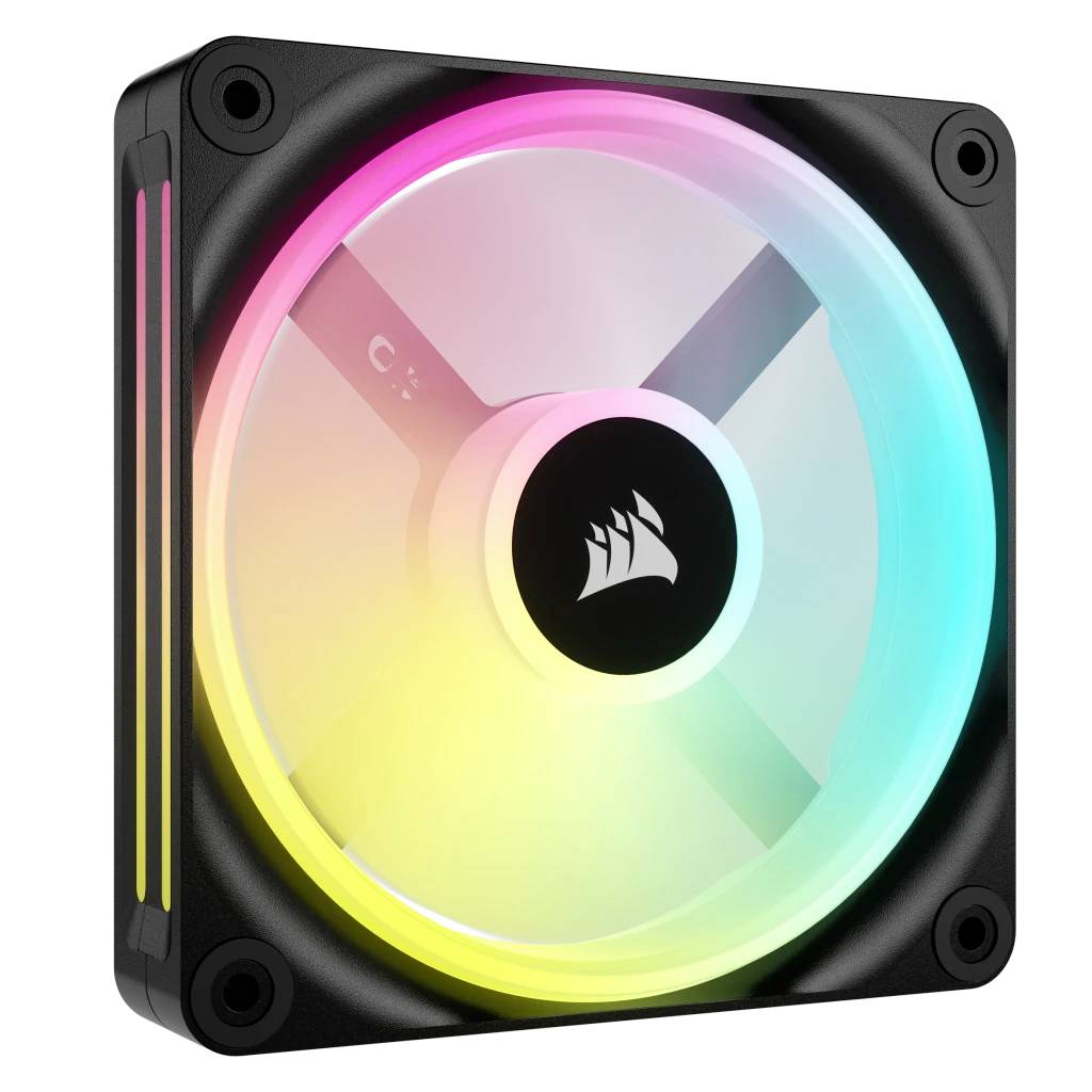 Ein PC-Lüfter mit RGB-Beleuchtung aus verschiedenen Farben, montiert in einem schwarzen Rahmen.
