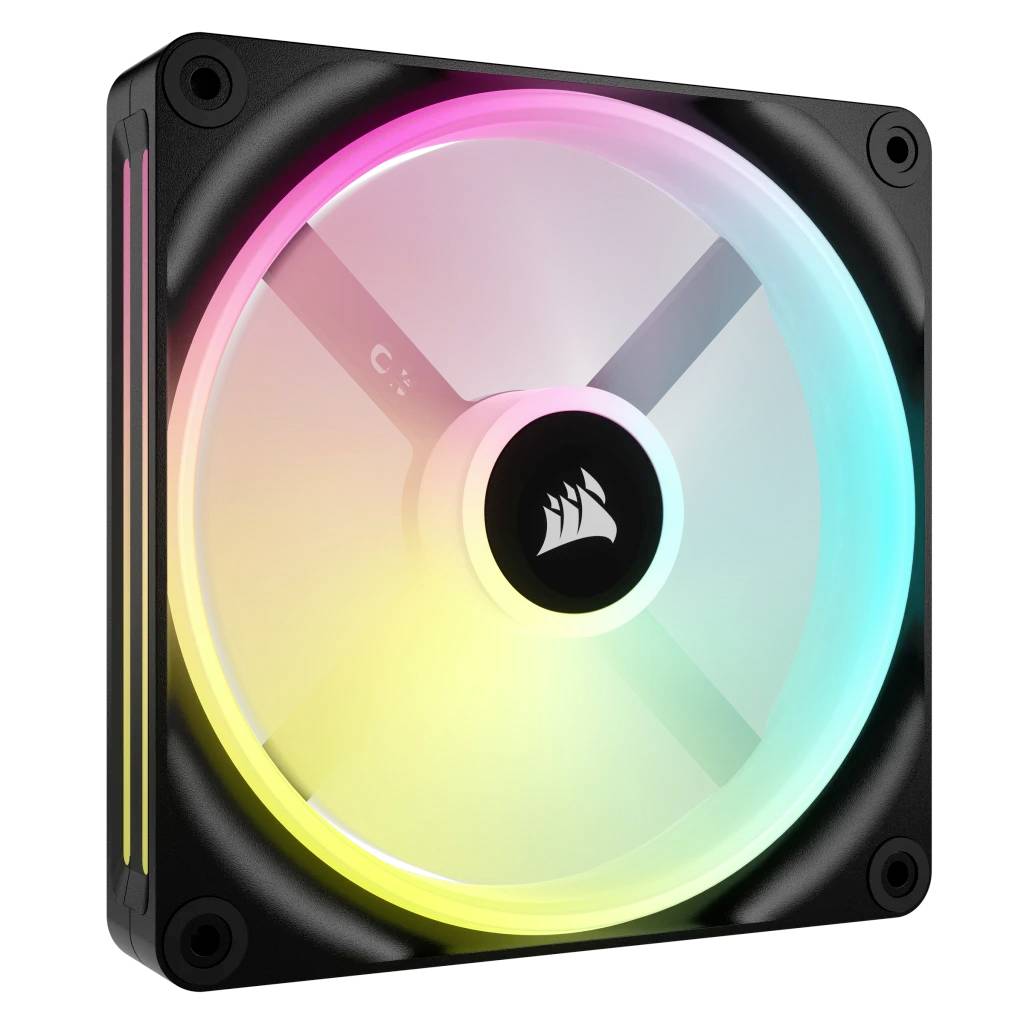 Ein quadratischer Computerlüfter mit Regenbogenfarben-LED-Beleuchtung, schwarz mit durchsichtigem Rotorblatt, geeignet für PC-Gehäuse.
