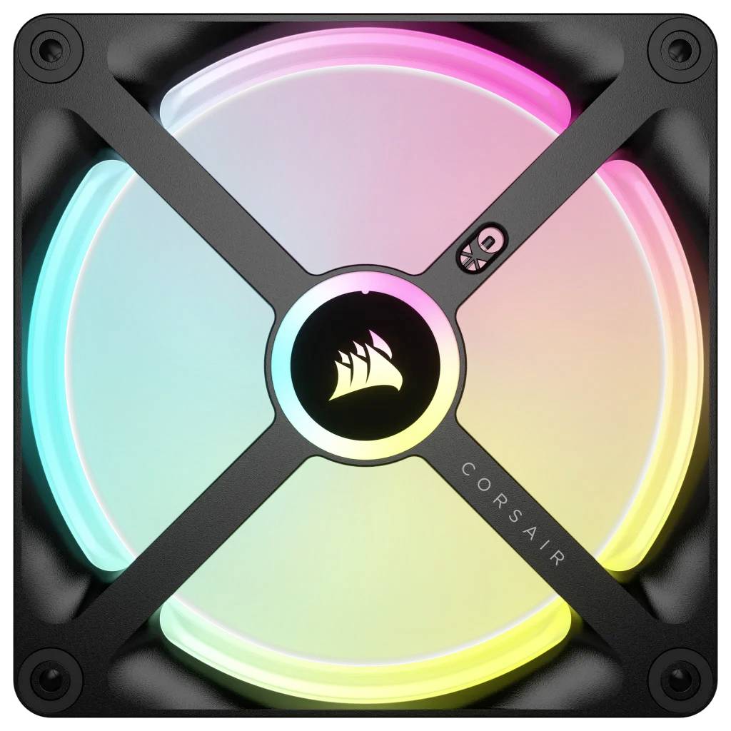 Ein Computerlüfter mit RGB-Beleuchtung zeigt wechselnde Farben. Das zentrale Logo weist auf den Hersteller hin.
