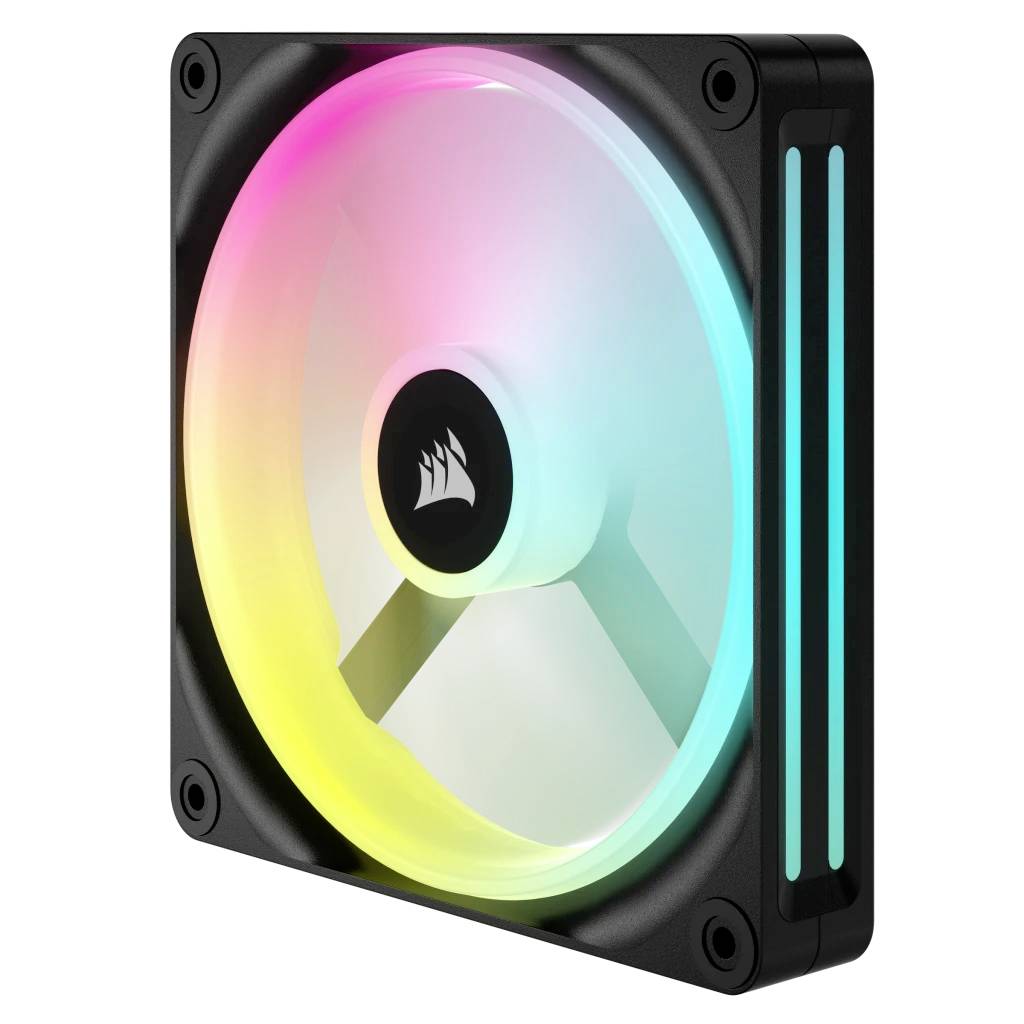 Ein quadratischer RGB-Computerlüfter mit schwarzem Rahmen und leuchtenden farbigen Lichtern, die in einem Kreis angeordnet sind.