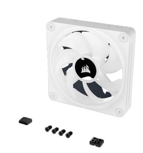 Ein weißer Computer-PC-Lüfter mit fünf Rotorblättern und beiliegendem Montagematerial.