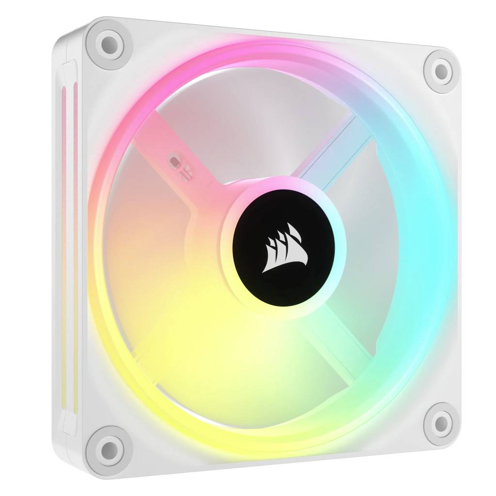 Ein weißer Computerlüfter mit mehrfarbiger LED-Beleuchtung. Das Licht wechselt von Pink zu Blau zu Gelb in einem Kreis.